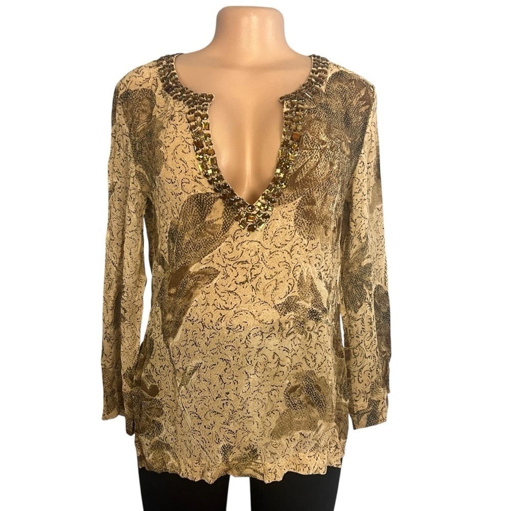 3/$30 ☀️ Chico’s 100% Silk Floral Sheer Jeweled Neckline Blouse Brown
